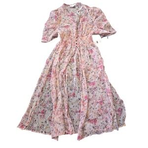 L.I.F.E. Floral Maxi Dress Sheer V-Neck Smocked Waist Slits Size XL